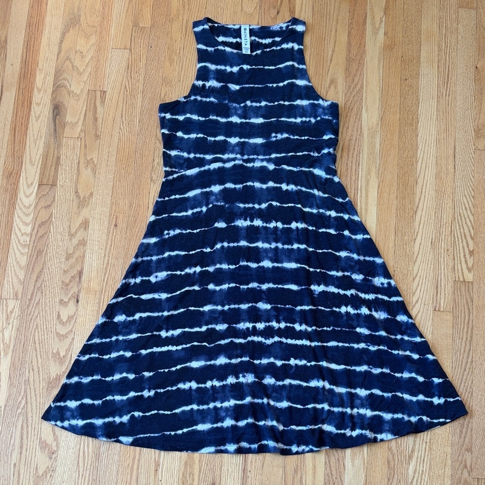 Athleta Santorini Thera Tie Dye Blue Striped Dress Size S Tall Sleeveless Flare